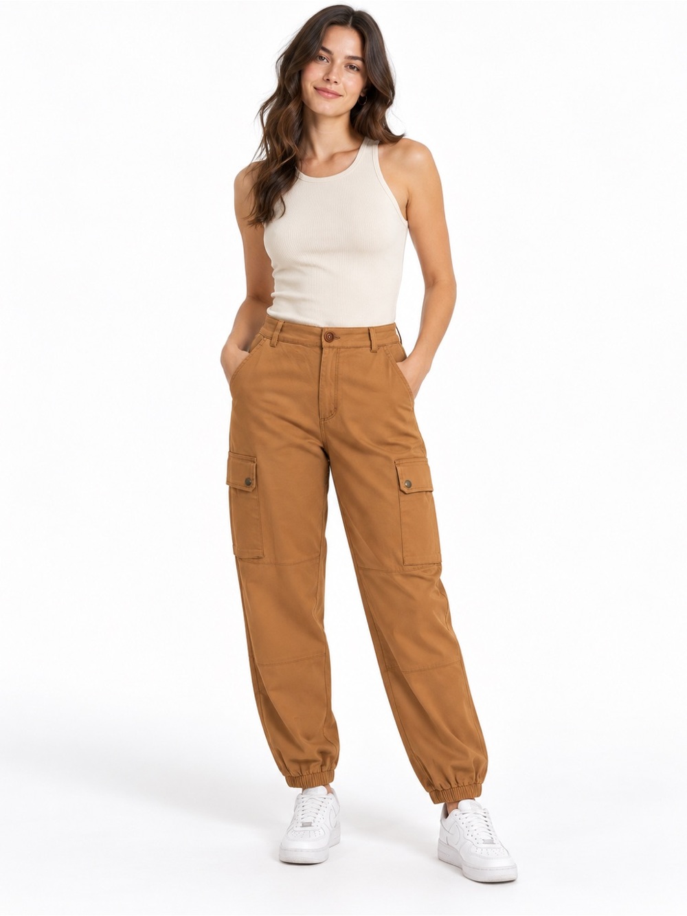 Hot & Delicious Women Cargo Jogger Pants Brown Utility Cotton Size M